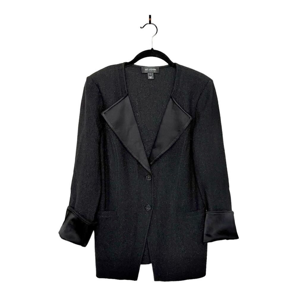 St. John Wool Satin Metallic Knit Blazer in Black Size 8